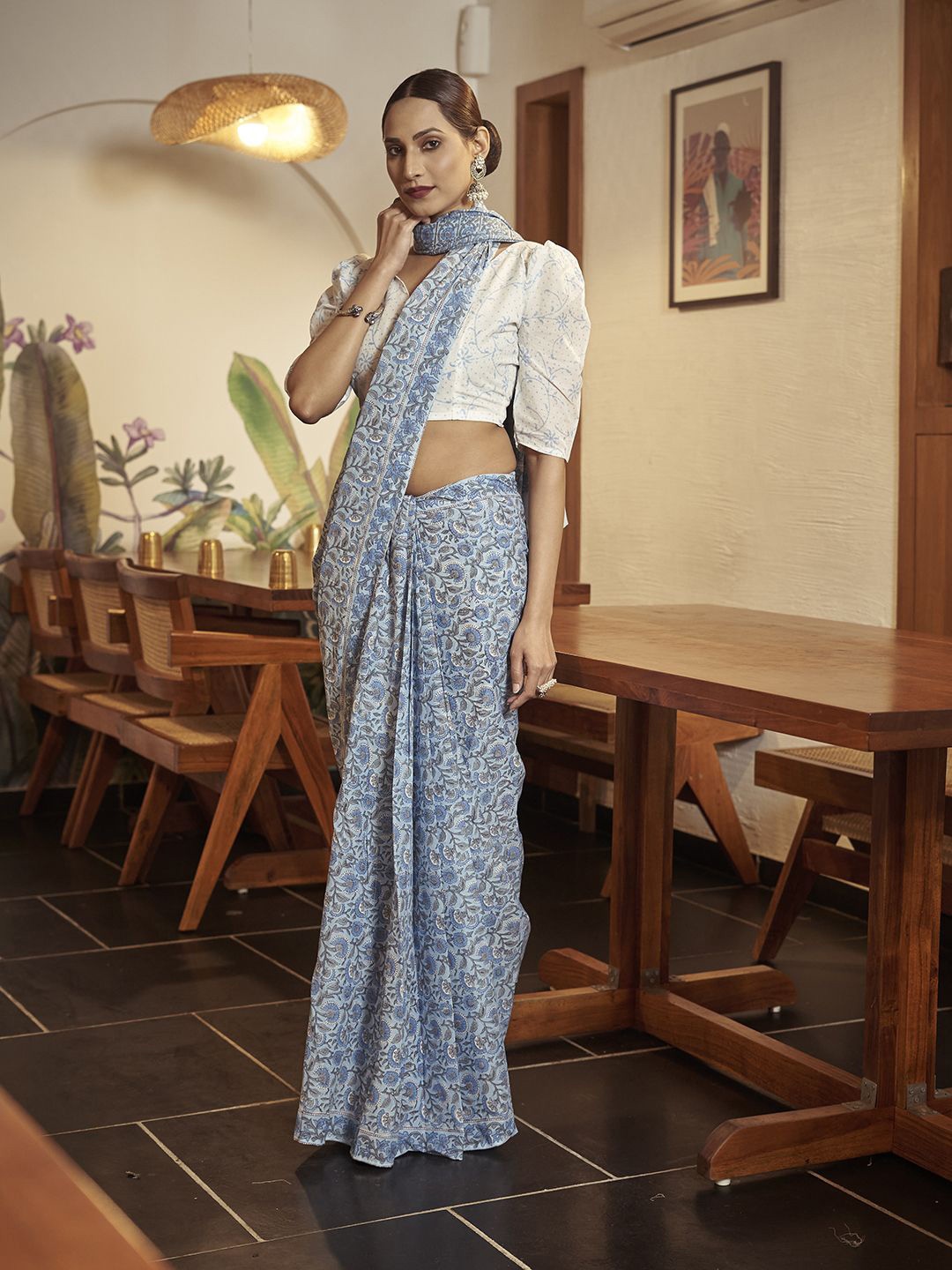 

Kalista Ethic Motif Pure Cotton Ready to Wear Bagru Saree, Blue