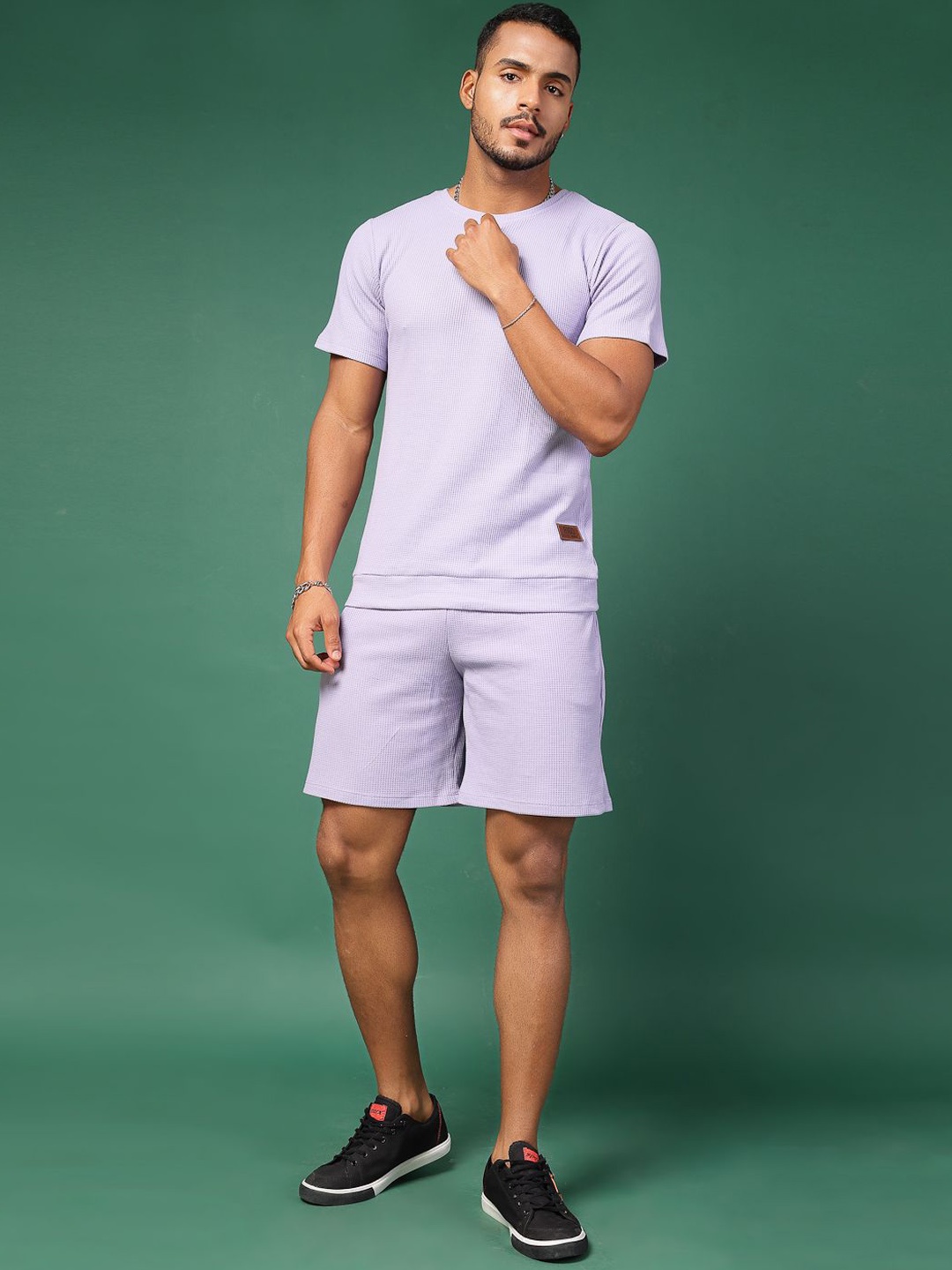 

Rigo Men Plus Size Solid Pure Cotton Waffle T-Shirt & Shorts Co-Ords Set, Purple