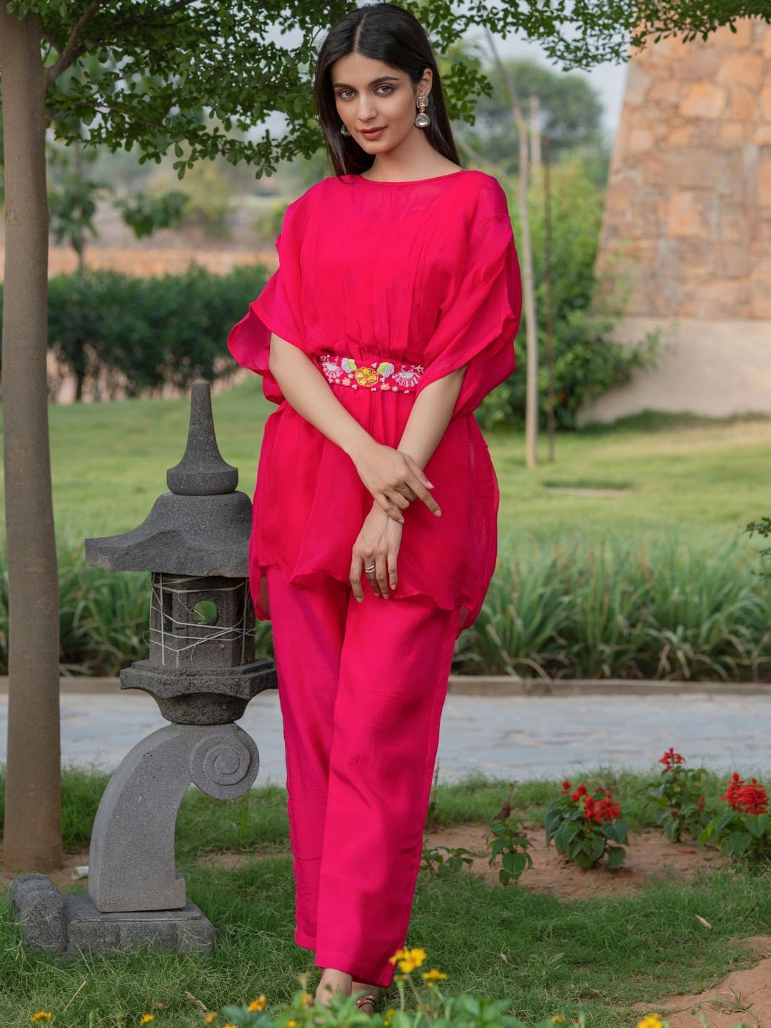 

HOUSE OF JAMOTI Embroidered Kaftan Top With Trousers & Belt, Pink