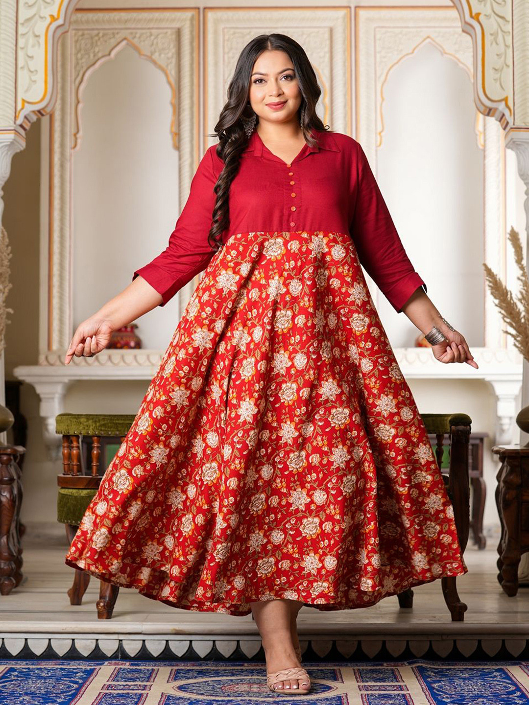 

KALINI Plus Size Floral Printed Fit and Flare Dress, Red