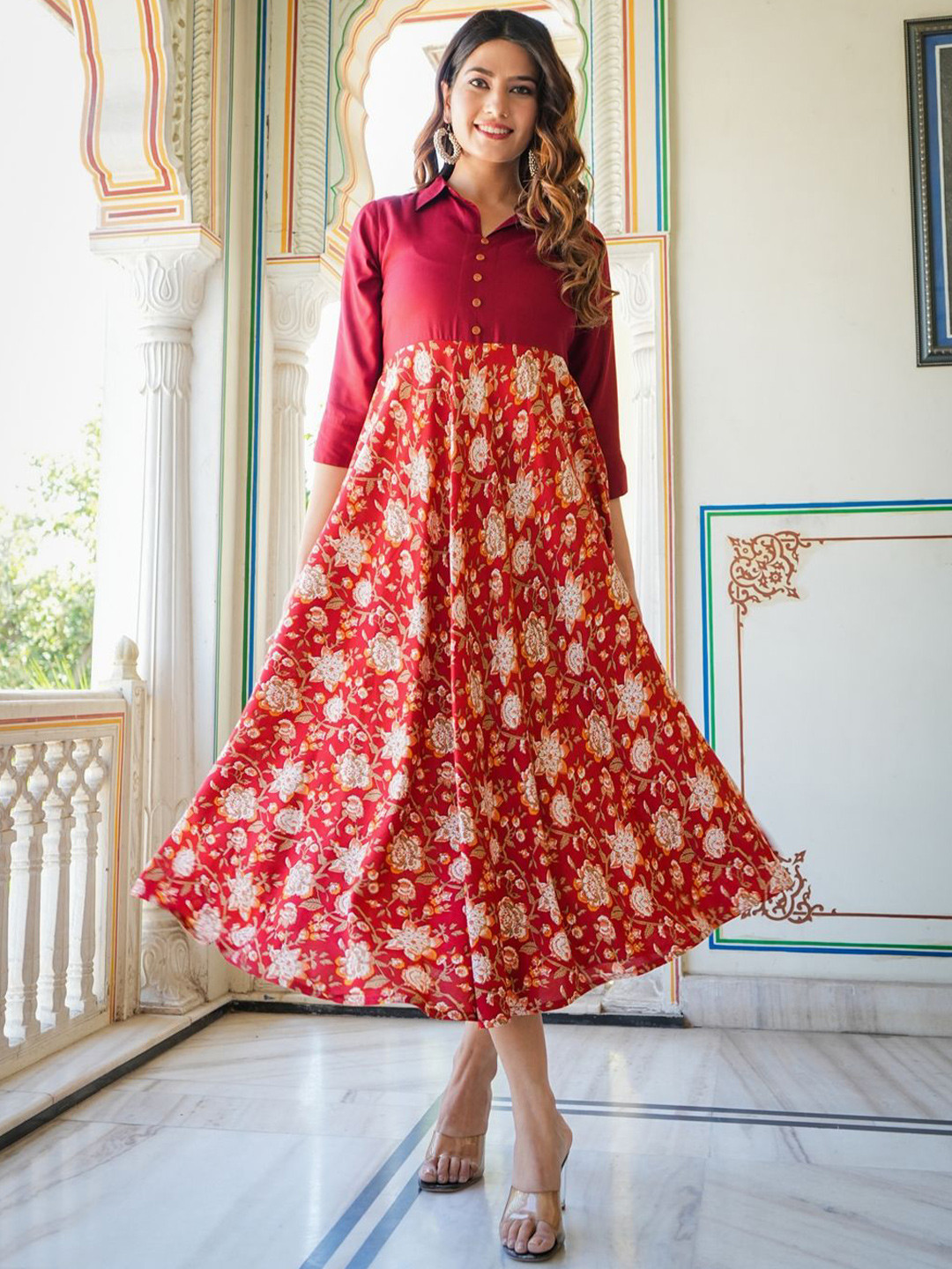 

KALINI Women Floral Print Shirt Collar Fit and Flared Midi Dress, Maroon