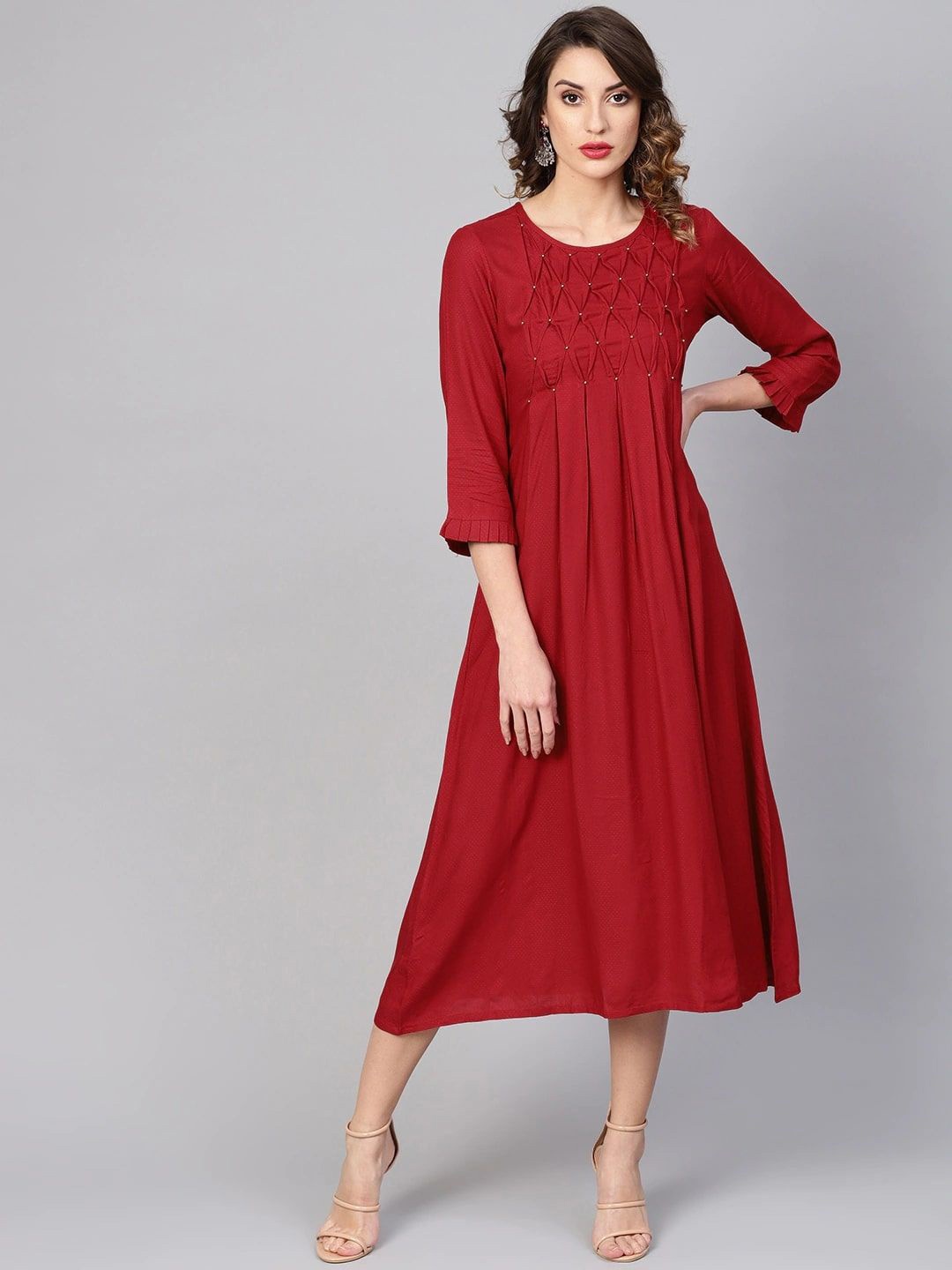 

KALINI Women Round Neck Flutter Sleeves A-Line Midi Dress, Maroon