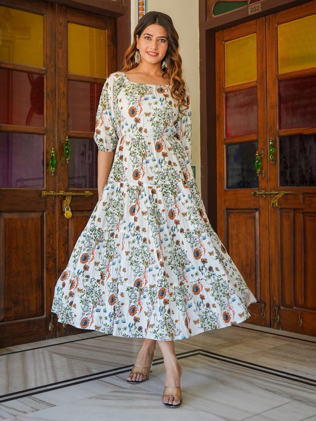 

KALINI Floral Printed Puff Sleeves Tiered Fit and Flare Midi Dress, White