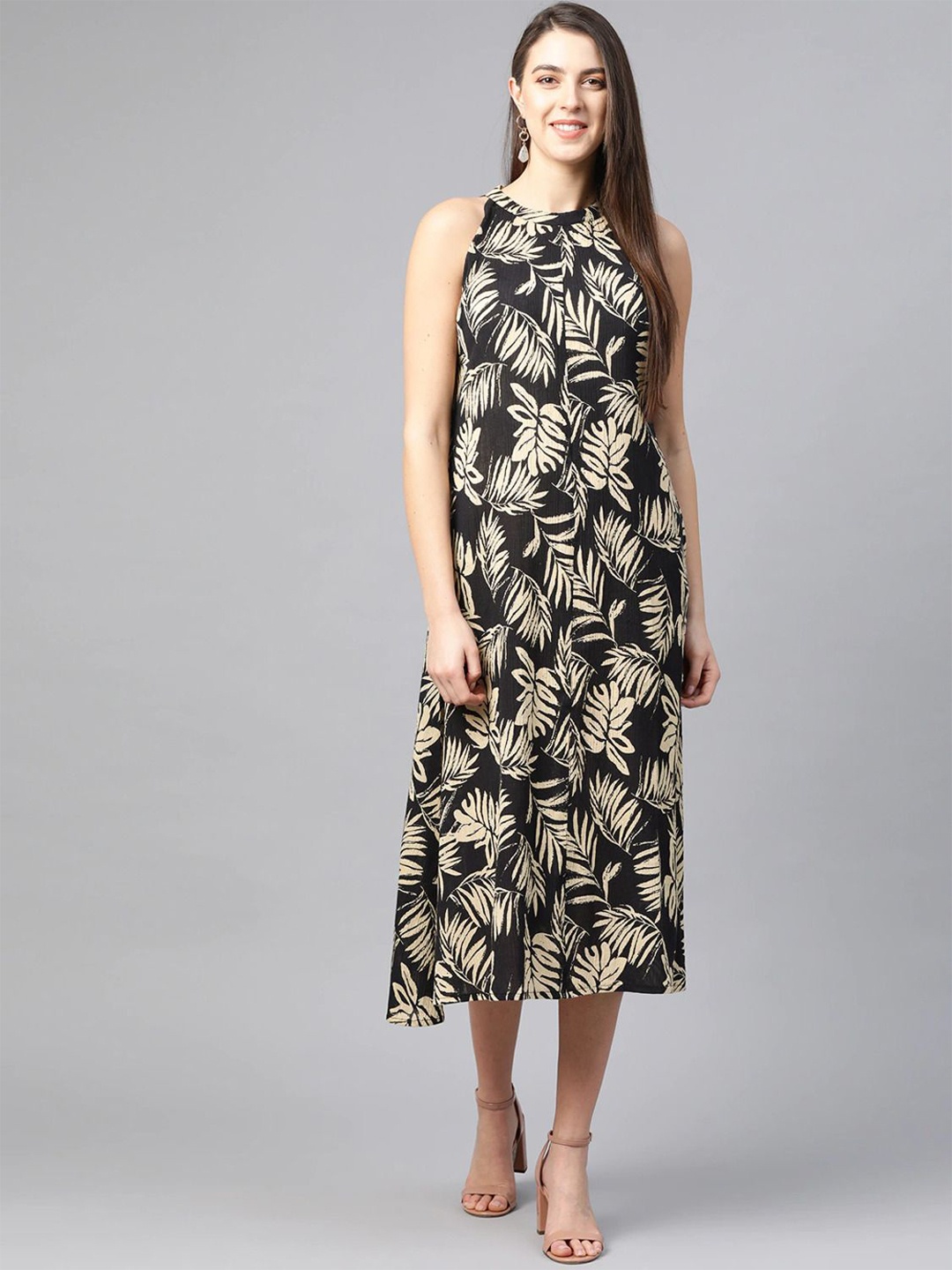 

KALINI Women Tropical Printed Round Neck Sleeveless Crepe A-Line Midi Dress, Black