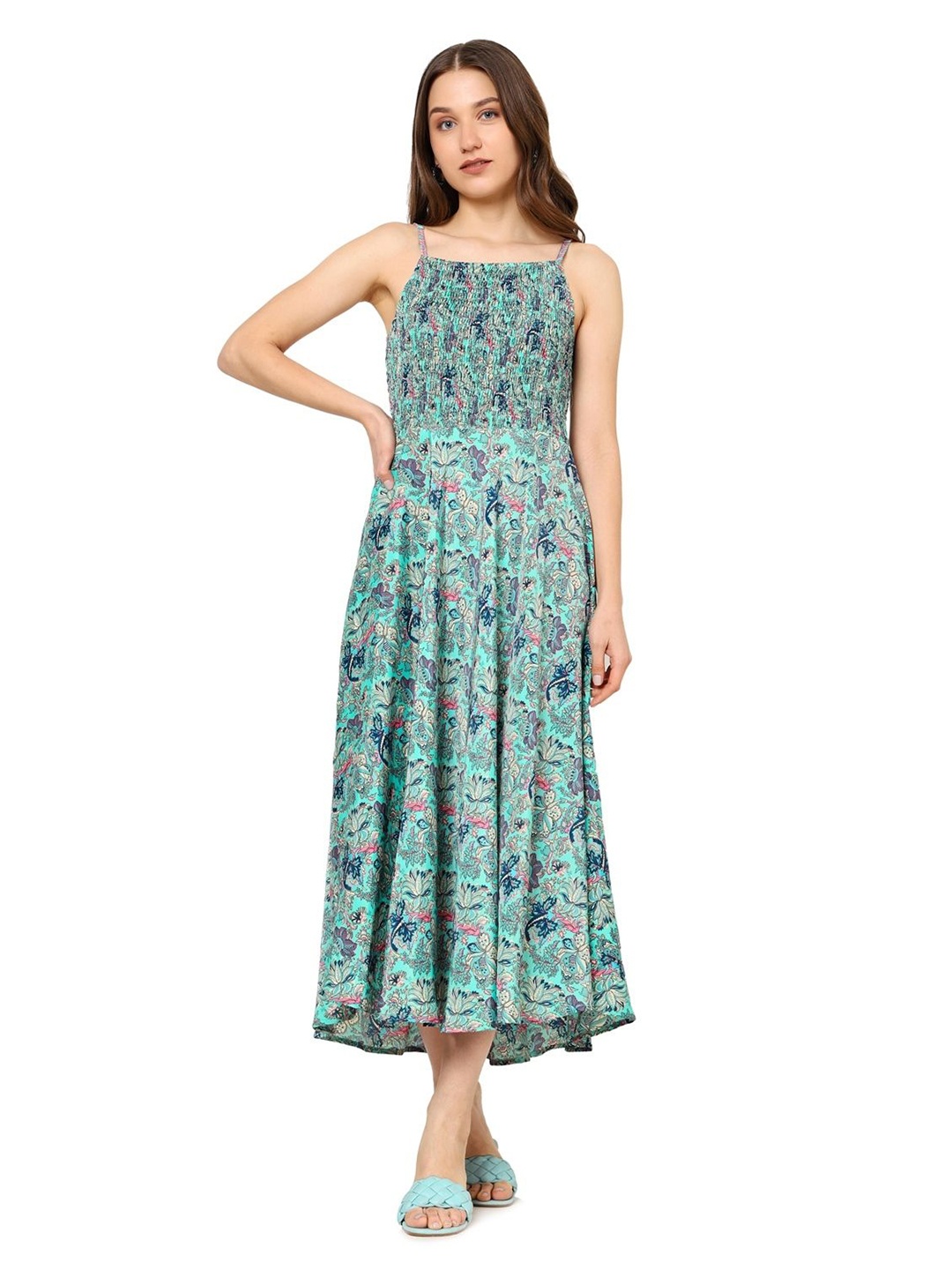 

KALINI Printed Sleeveless Smocked Fit & Flare Midi Dress, Turquoise blue