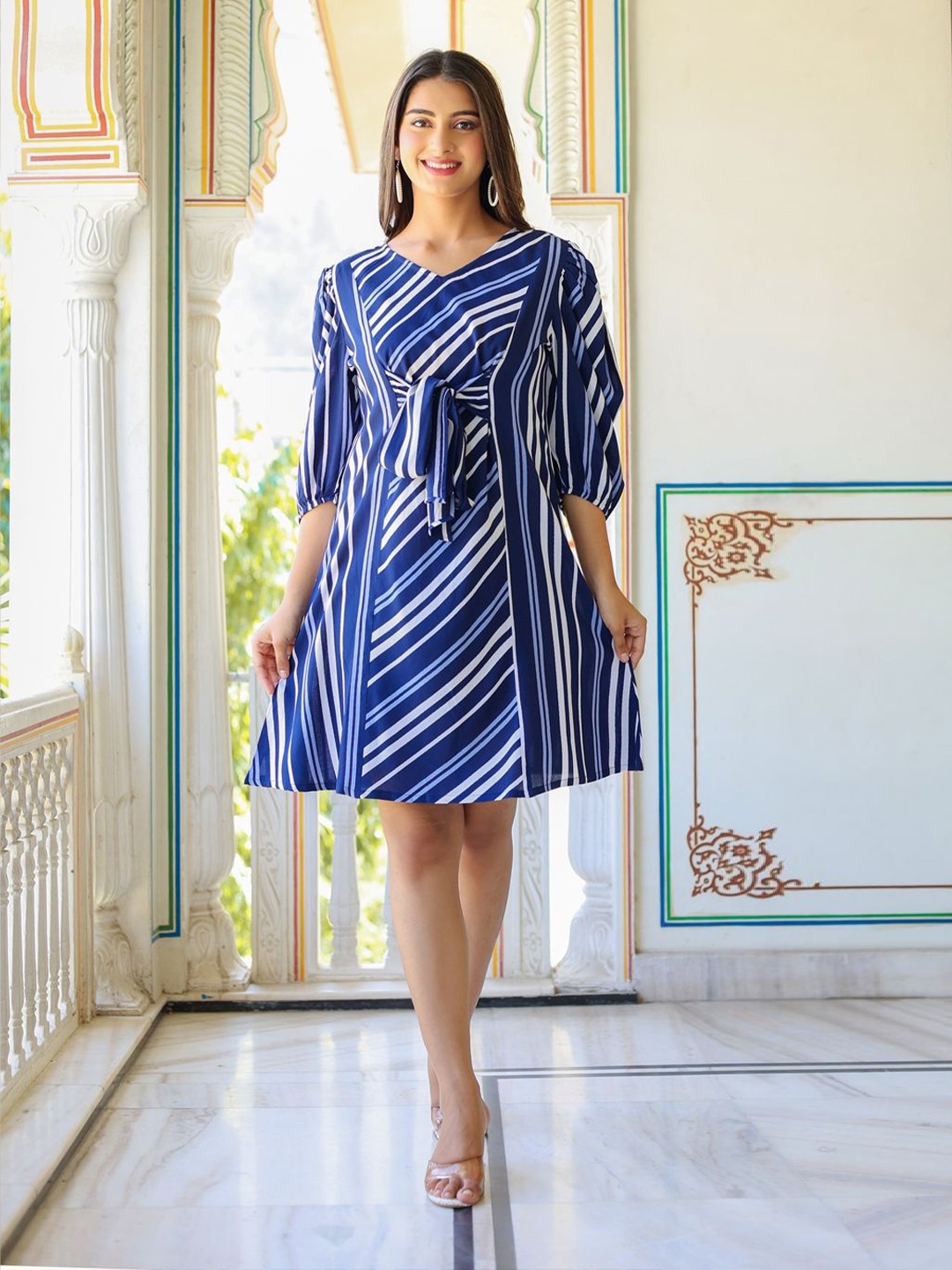 

KALINI Striped V-Neck Puff Sleeves A-Line Dress, Blue