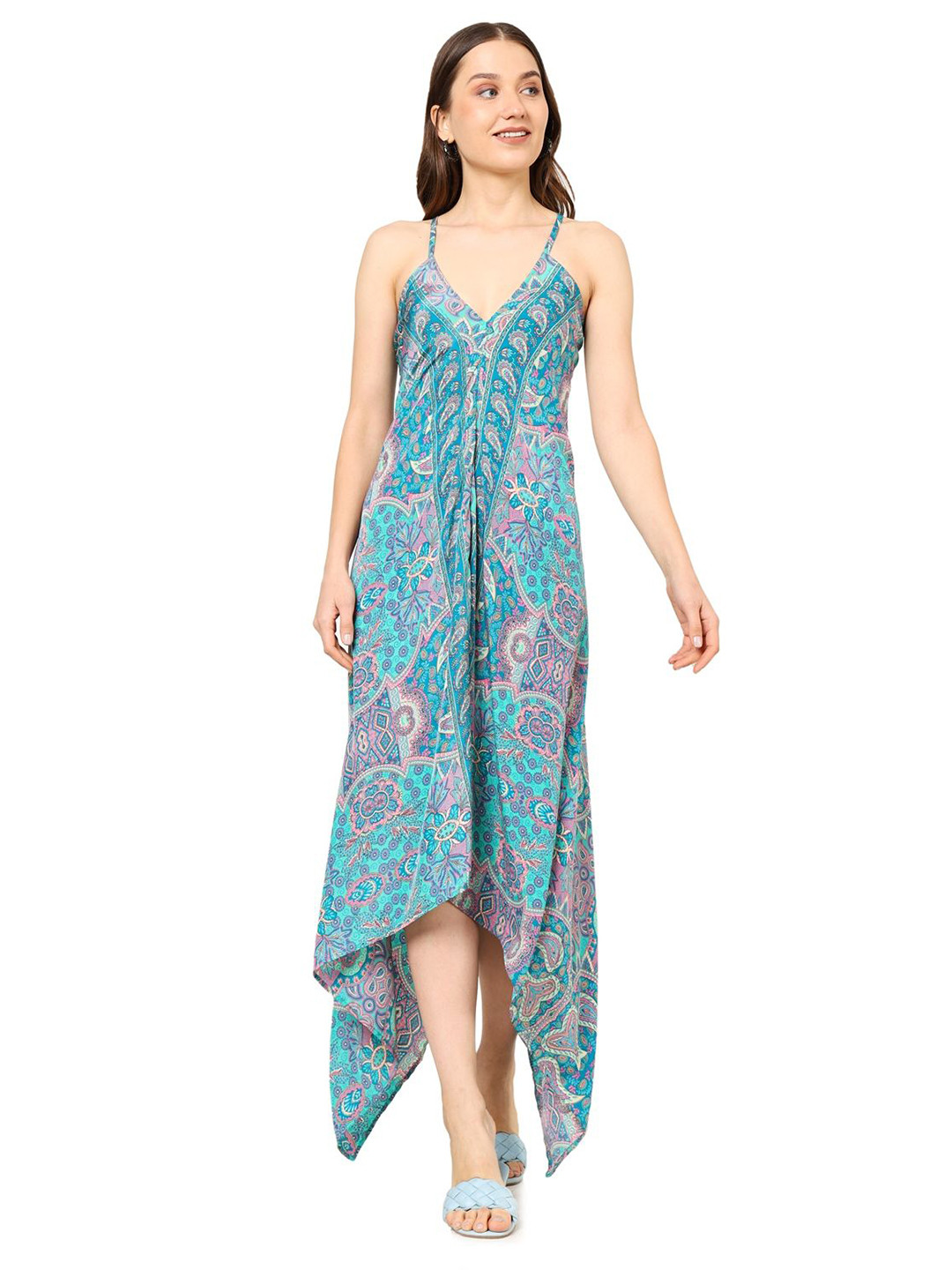 

KALINI Women Floral Printed Maxi Dress, Turquoise blue