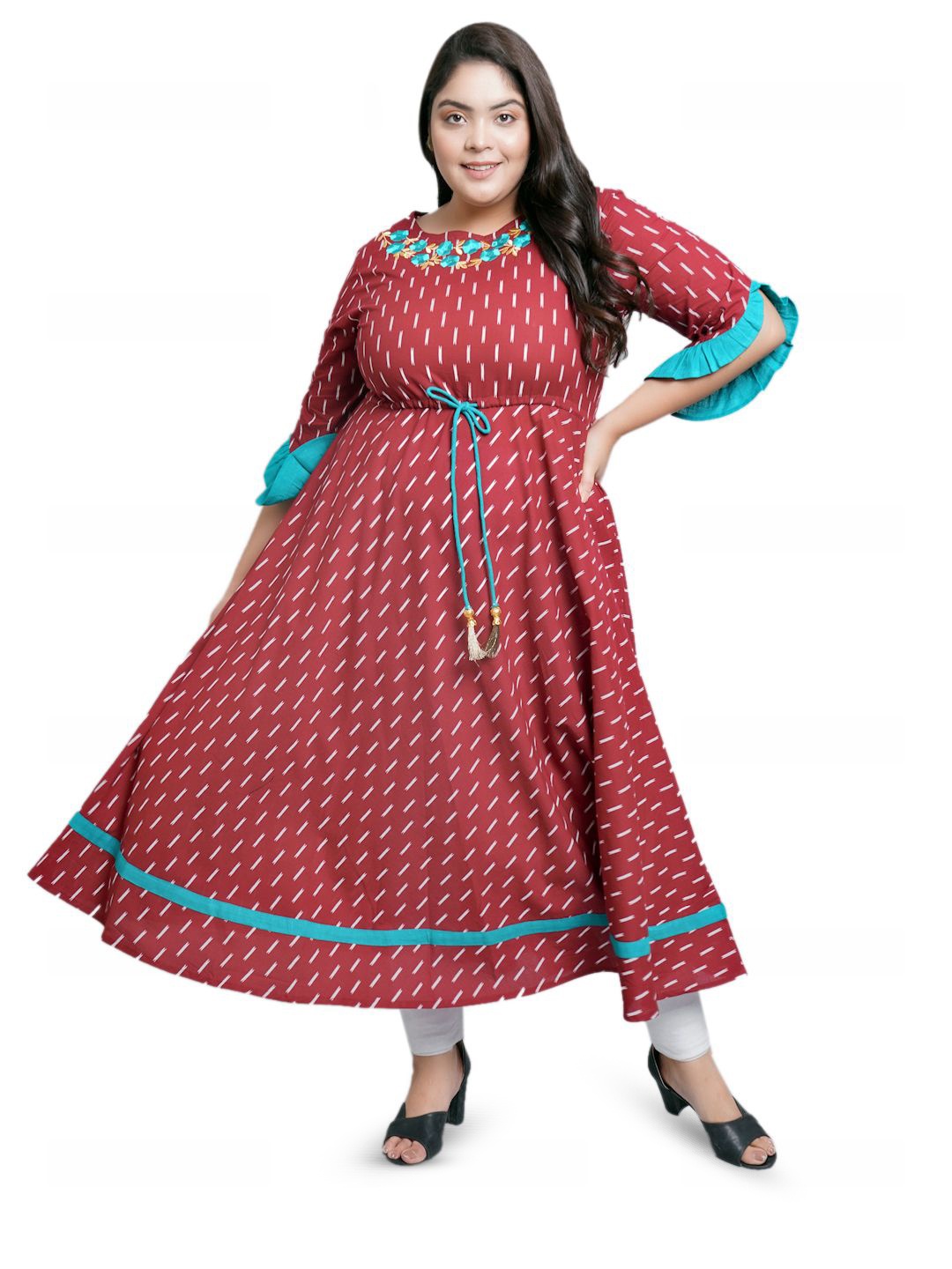 

KALINI Plus Size Women Printed Round Neck Flared Sleeves Midi Fit and Flared Dress, Maroon