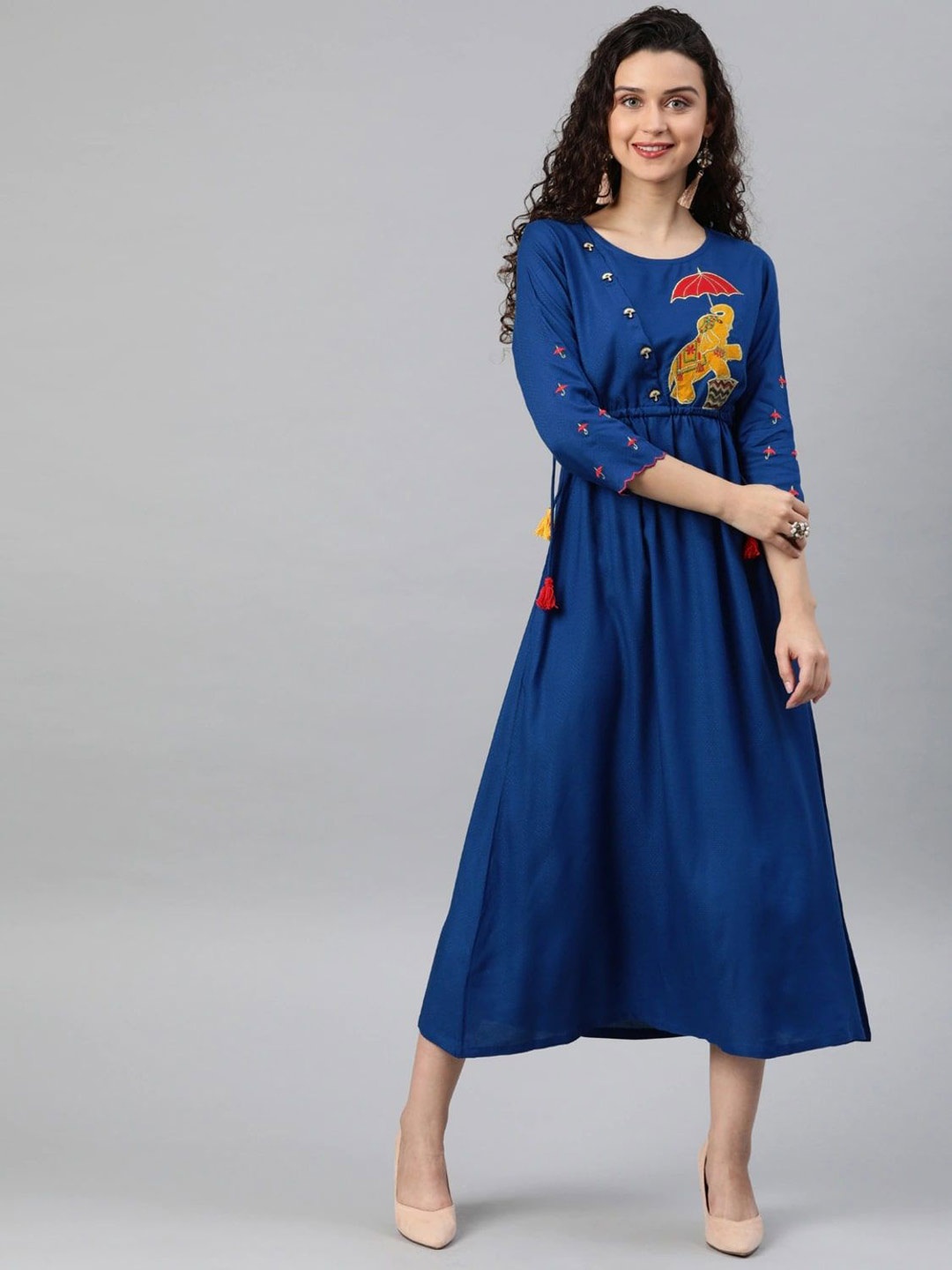 

KALINI Embroidered Fit And Flare Midi Ethnic Dress, Blue