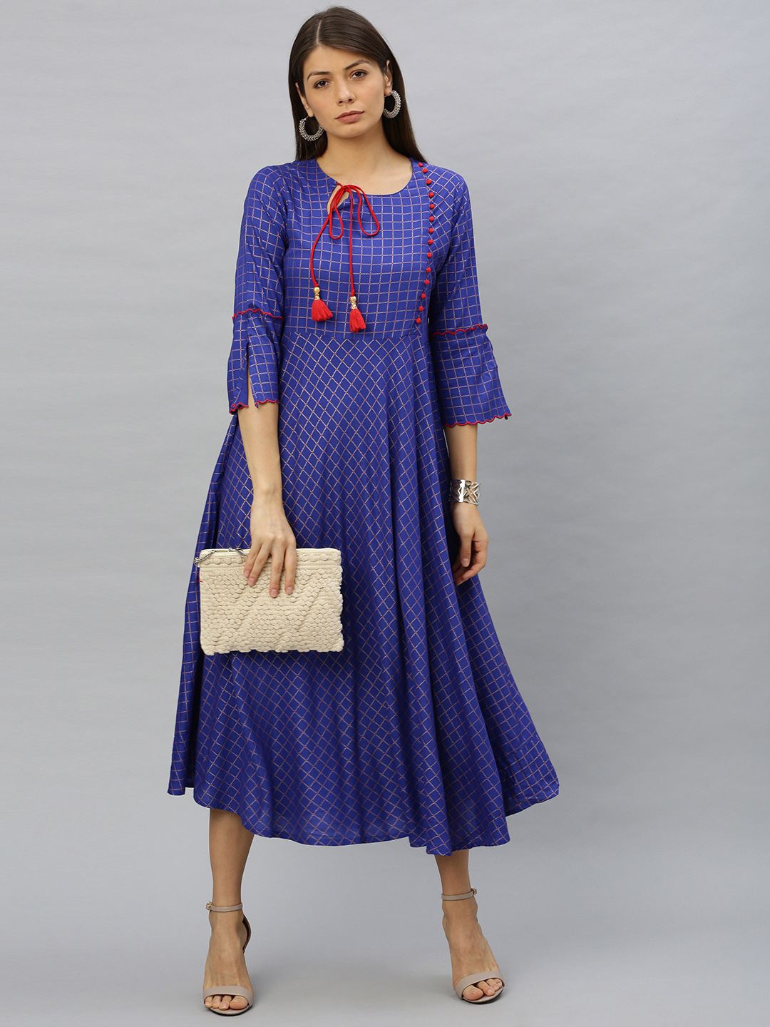 

KALINI Checked Tie Up Neck A-line Ethnic Dress, Blue