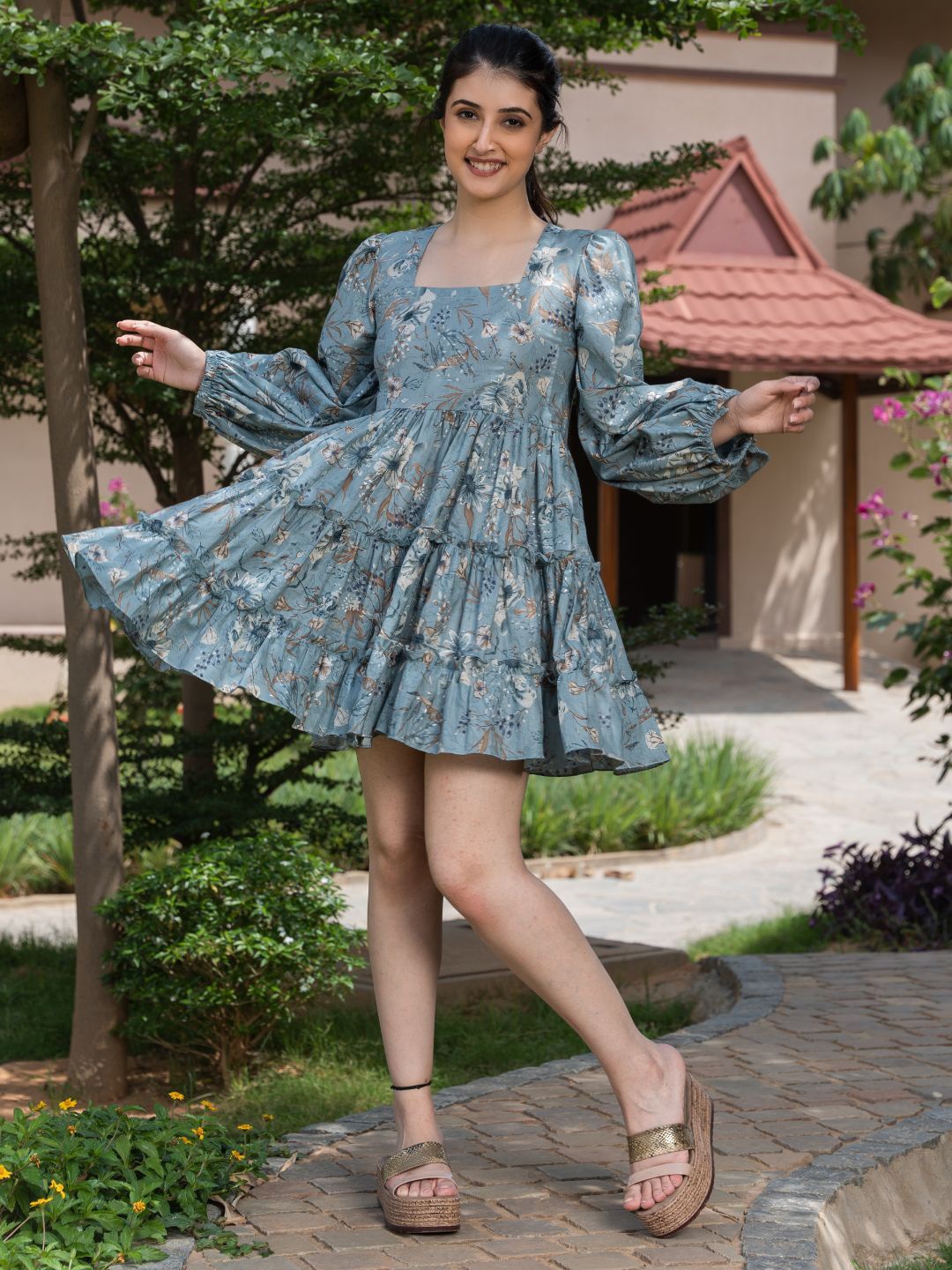 

HOUSE OF JAMOTI Floral Print Puff Sleeve Fit & Flare Dress, Grey