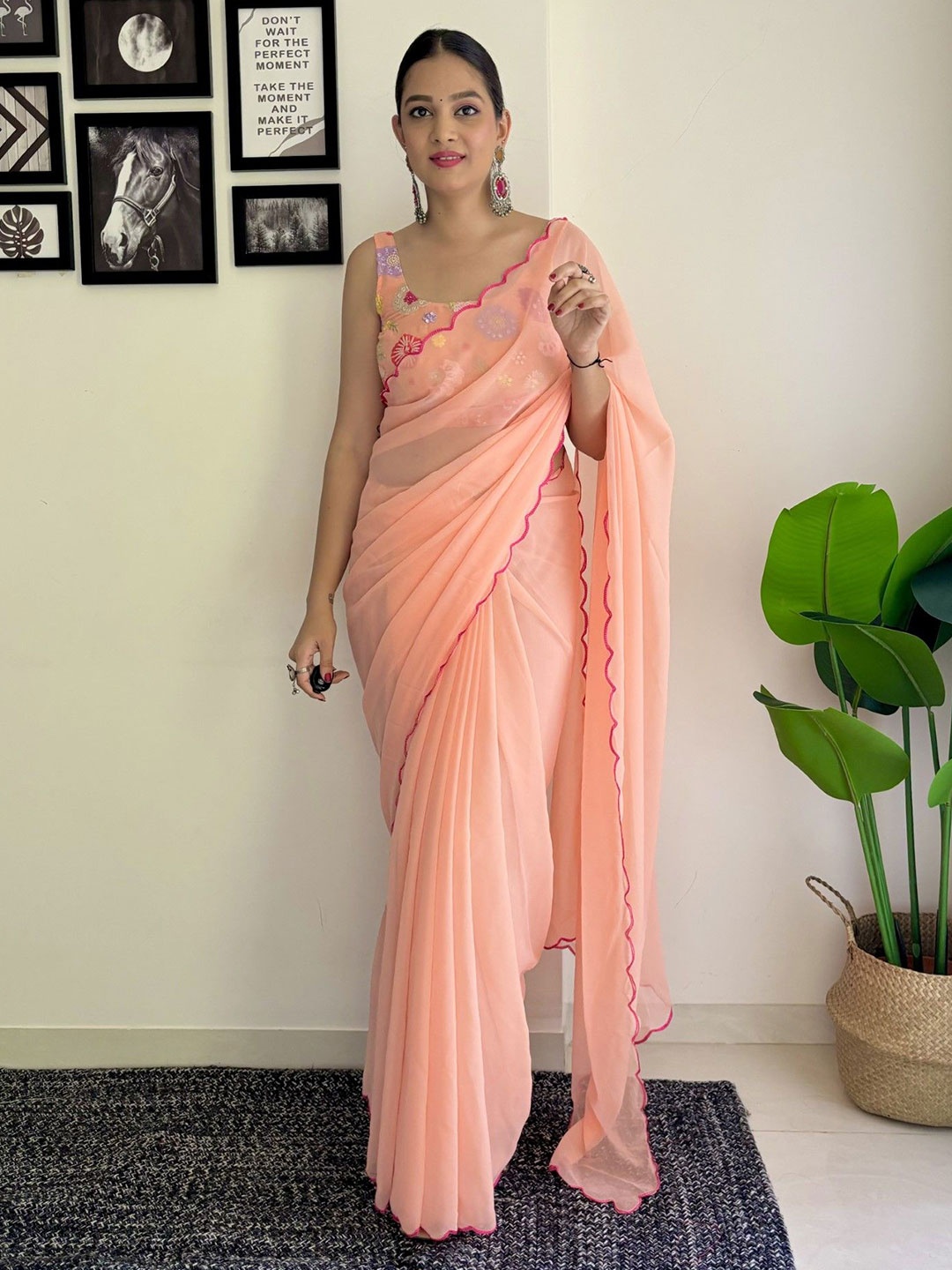 

LeeliPeeri Designer Embroidered Pure Georgette Saree With Blouse Piece, Peach