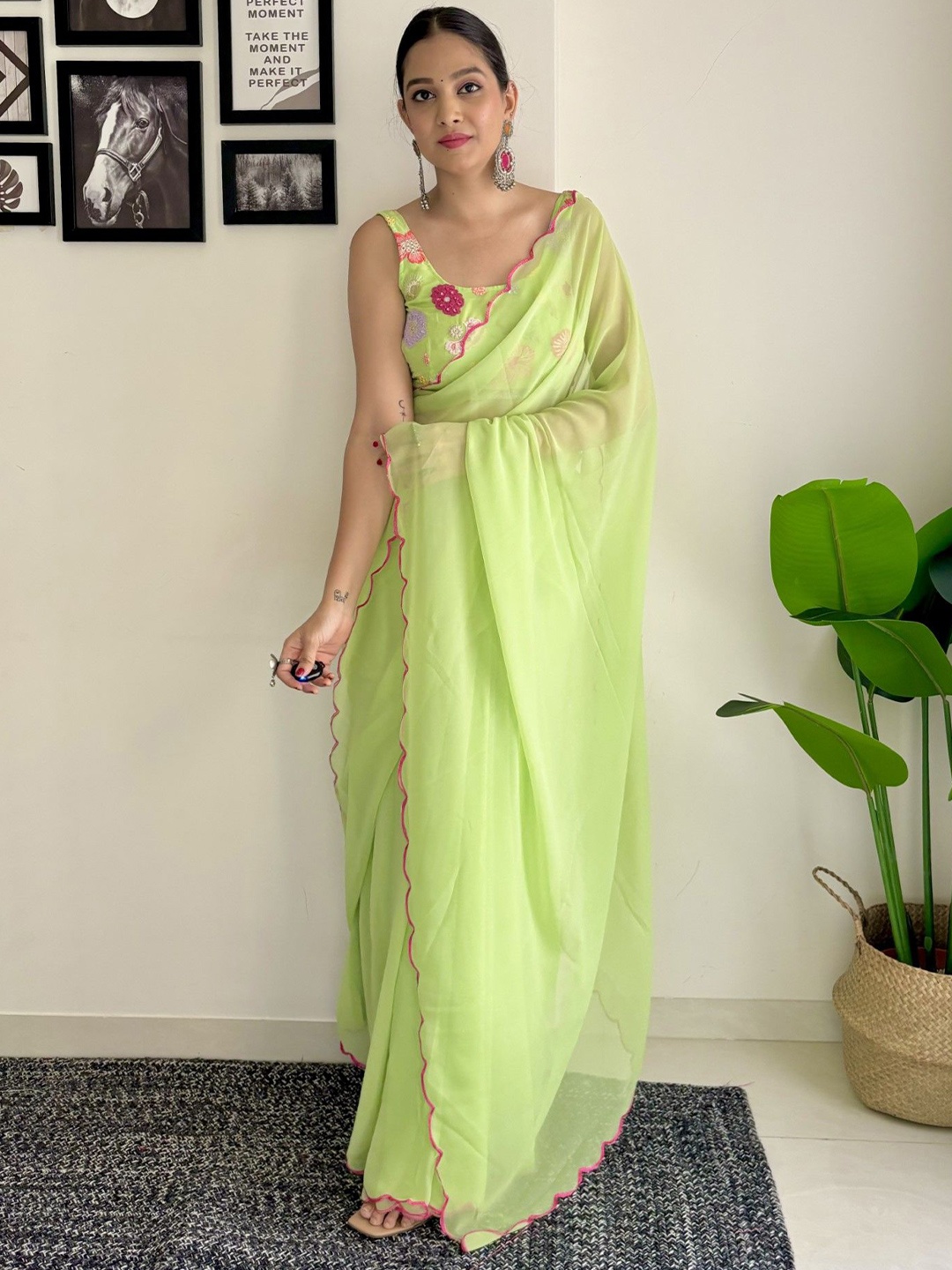 

LeeliPeeri Designer Pure Georgette Solid Embroidered Festive Saree, Green