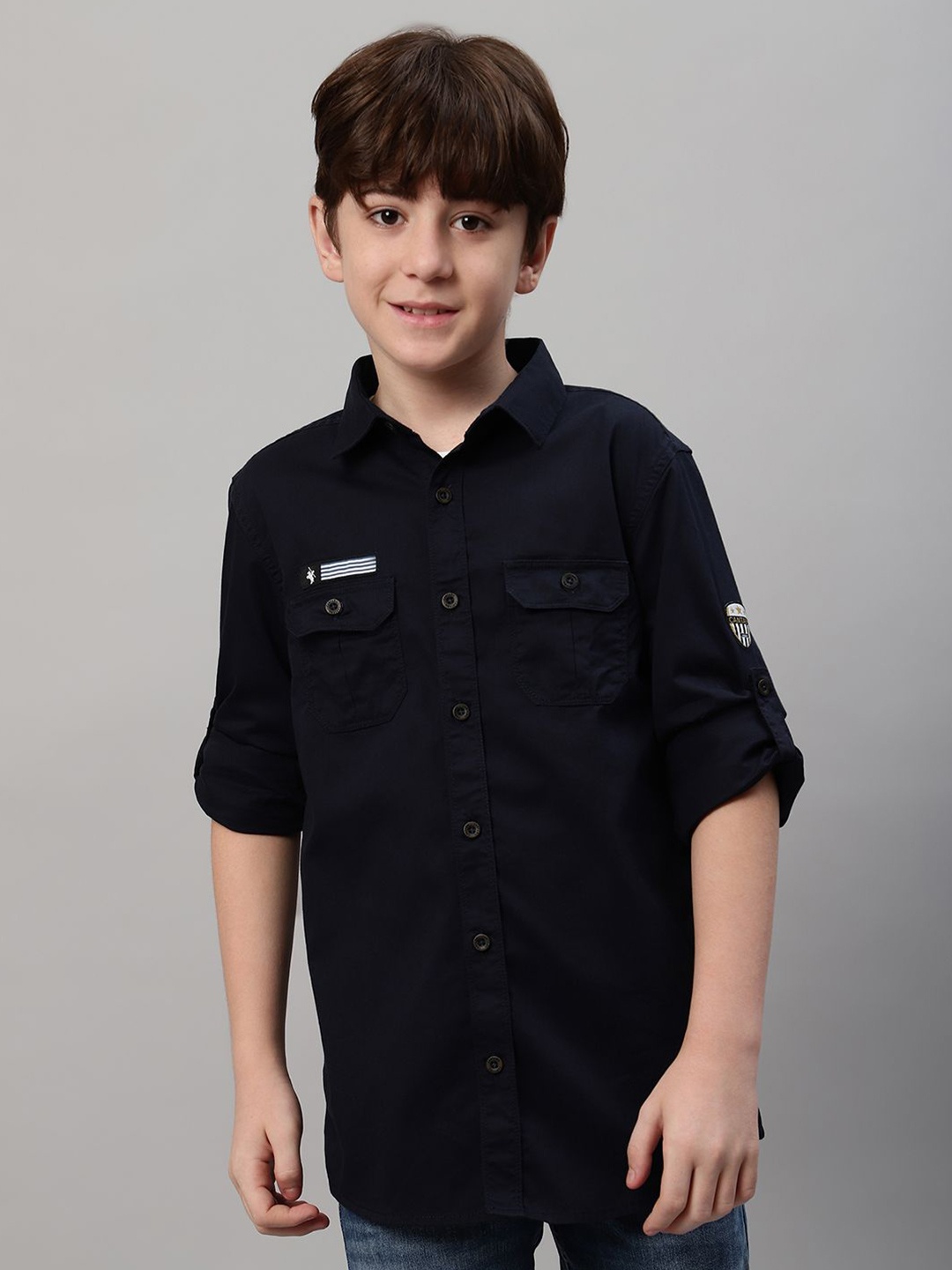 

Cantabil Boys Opaque Casual Regular Fit Solid Roll-Up Sleeves Shirt, Navy blue