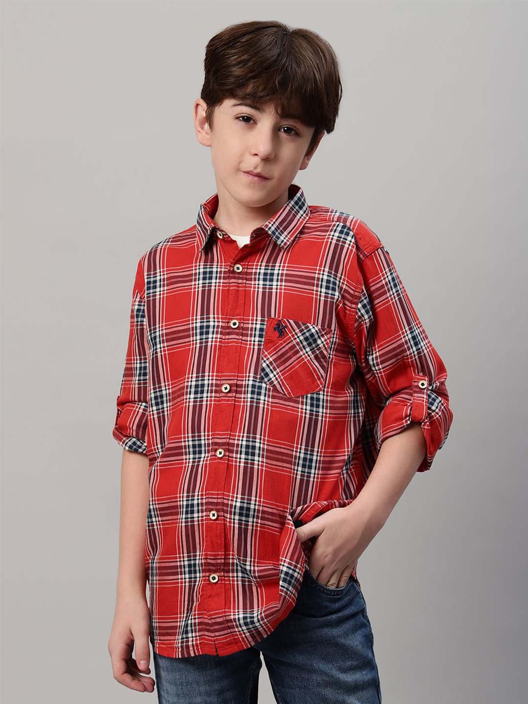 

Cantabil Boys Opaque Casual Regular Fit Checkered Roll-Up Sleeves Shirt, Orange