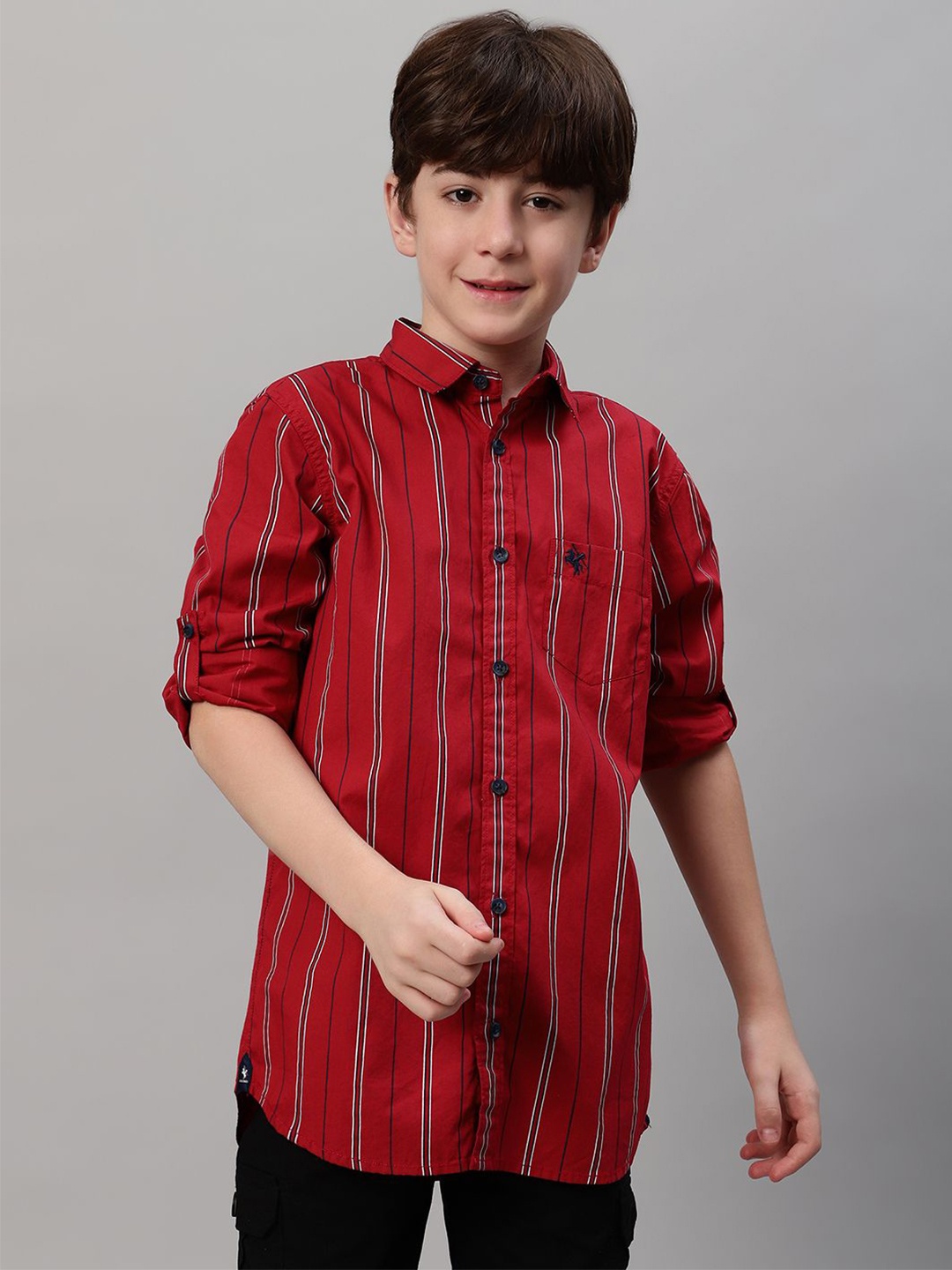 

Cantabil Boys Opaque Casual Regular Fit Striped Roll-Up Sleeves Shirt, Maroon