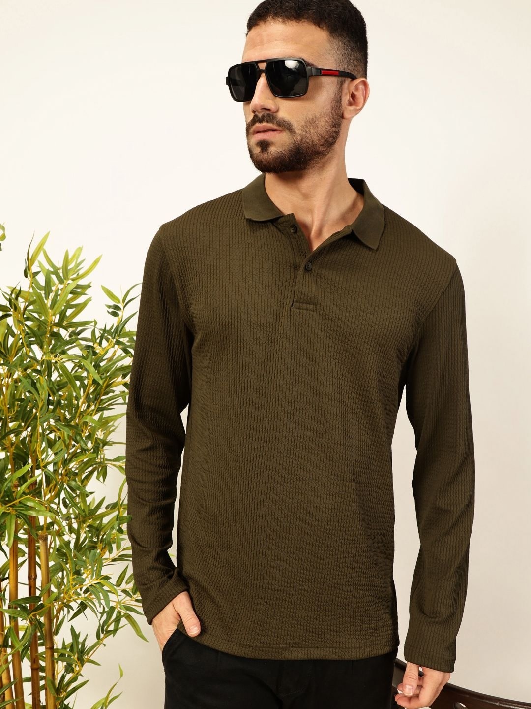 

Thomas Scott Men Smart Self Design Polo Full Sleeves T-shirt, Olive