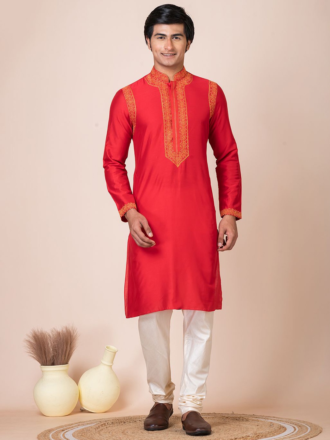 

HU - Handcrafted Uniquely Mandarin Collar Thread Work Straight Kurta, Red