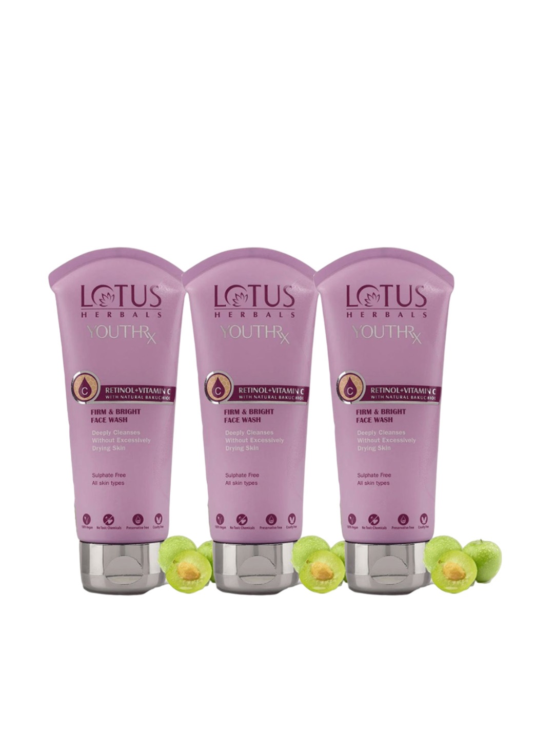 

Lotus Herbals Set of 3 YouthRx Firm & Bright Face Wash with Natural Bakuchiol - 100ml each, Purple