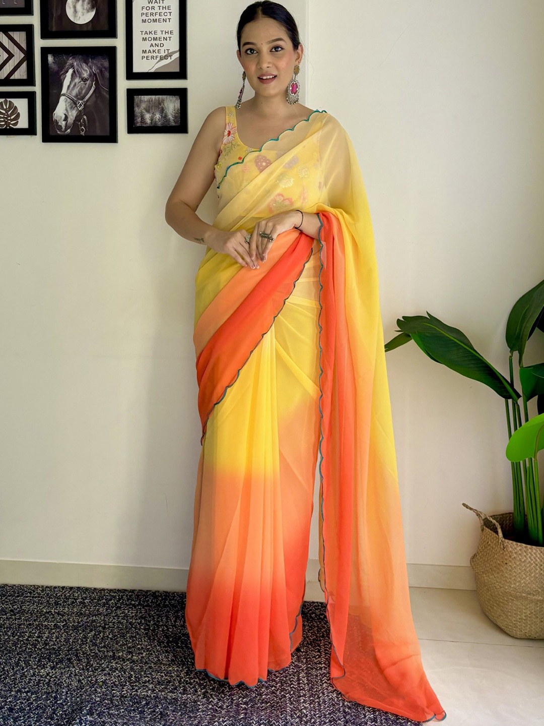 

LeeliPeeri Designer Ombre Embroidered Pure Georgette Saree, Yellow