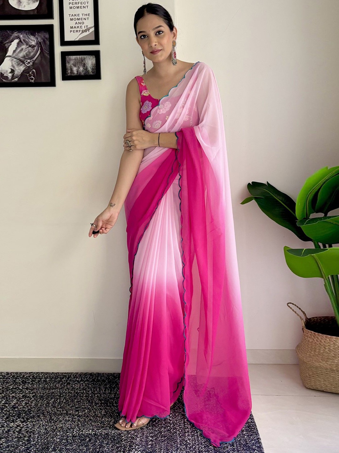 

LeeliPeeri Designer Ombre Embroidered Pure Georgette Saree, Pink