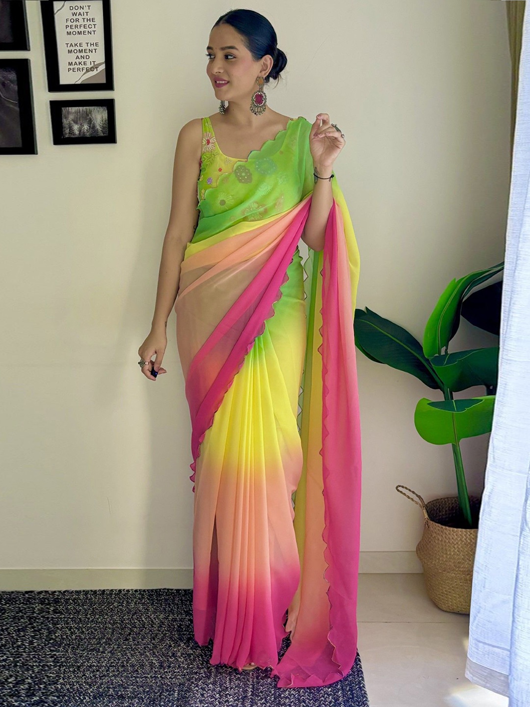 

LeeliPeeri Designer Ombre Embroidered Pure Georgette Holi Saree, Green
