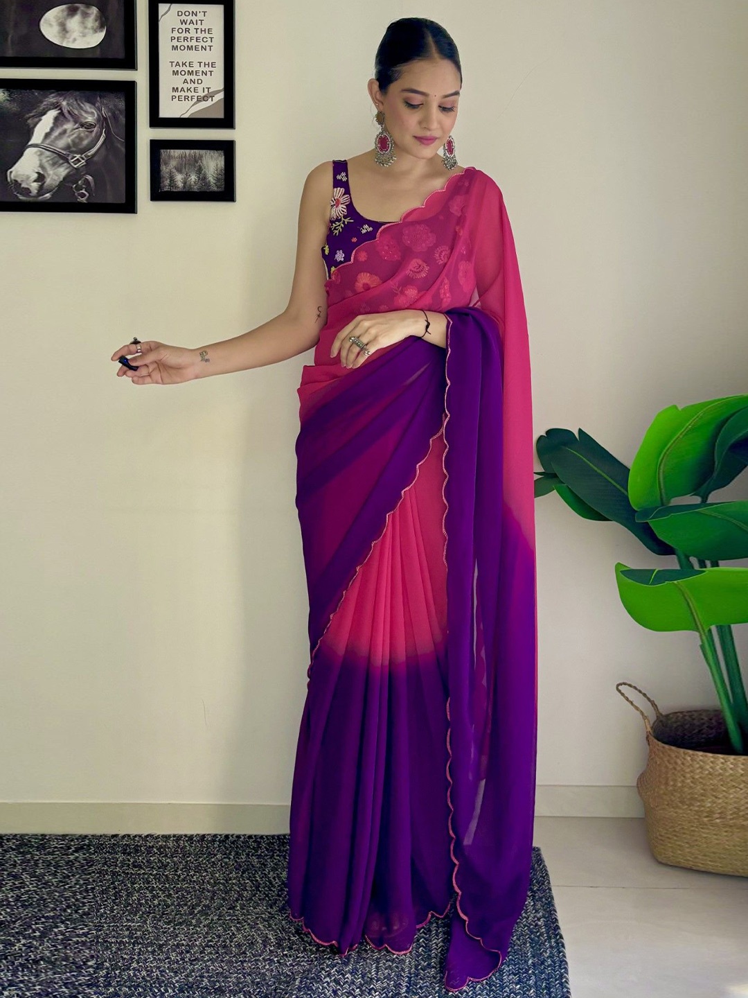 

LeeliPeeri Designer Ombre Embroidered Pure Georgette Saree, Purple