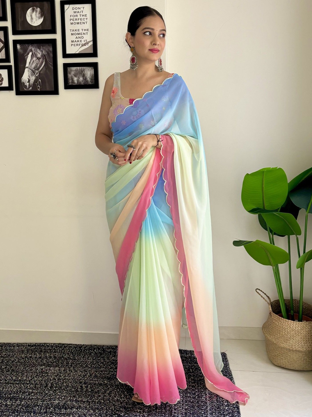 

LeeliPeeri Designer Ombre Embroidered Pure Georgette Holi Saree, Blue
