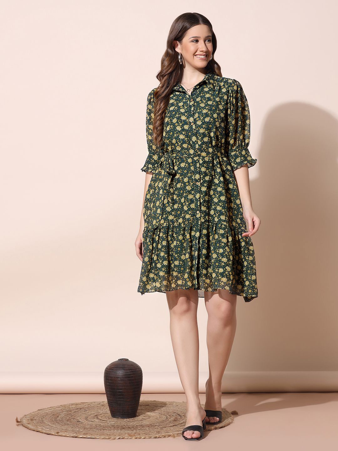 

FASHION DREAM Women Floral Printed Shirt Collar Bell Sleeves A-Line Dress, Olive