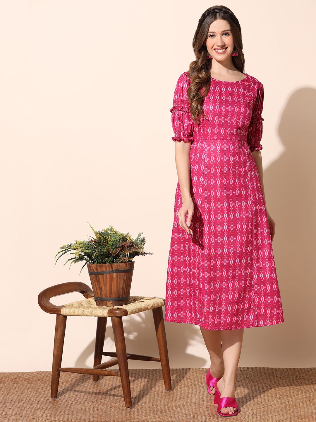 

FASHION DREAM Women Ethnic Motifs Printed Round Neck Puff Sleeve Cotton A-Line Midi Dress, Pink