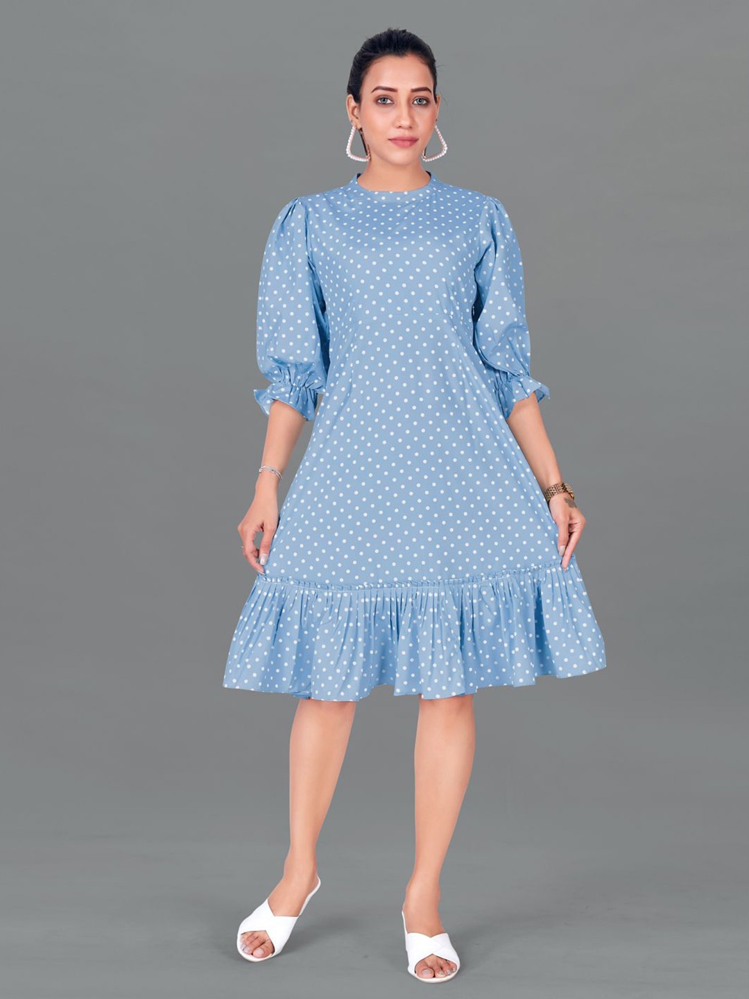 

FASHION DREAM Polka Dot Printed Puff Sleeve A-Line Dress, Blue