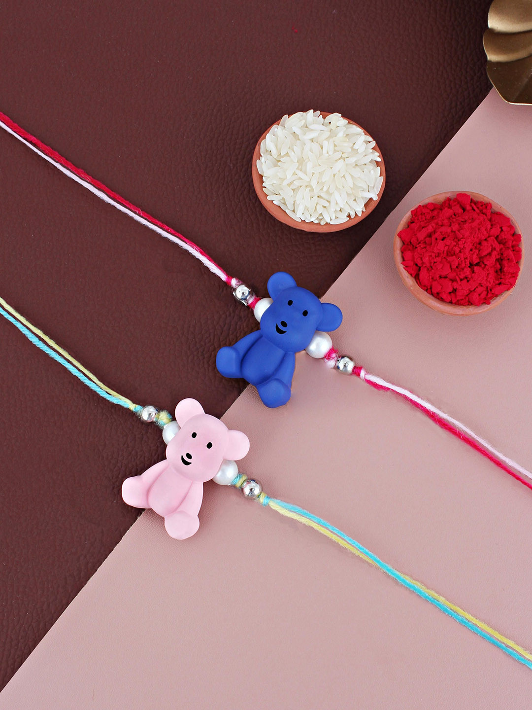 

LUCKY JEWELLERY Boys Set Of 2 Teddy Bear Rakhis with Roli Chawal & Greeting Card, Pink