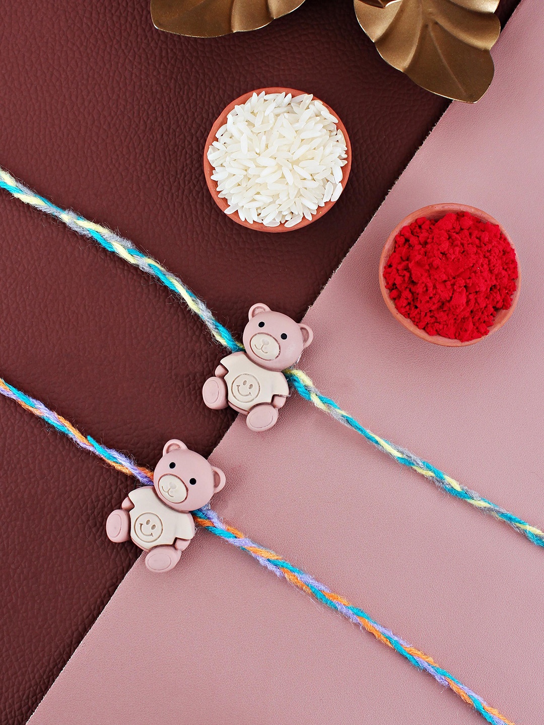 

LUCKY JEWELLERY Set of 2 Cute Teddy Thread Rakhis With Roli Chawal & Greeting Cards, Pink