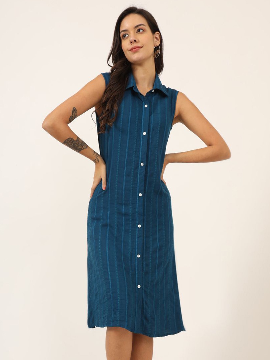 

CHARMGAL Striped Shirt Collar Sleeveless Shirt Dress, Blue