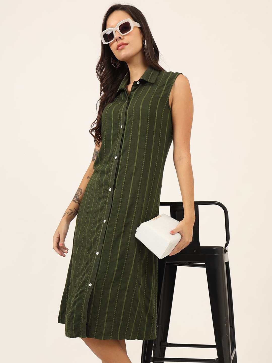 

CHARMGAL Women Shirt Collar A-Line Dress, Green