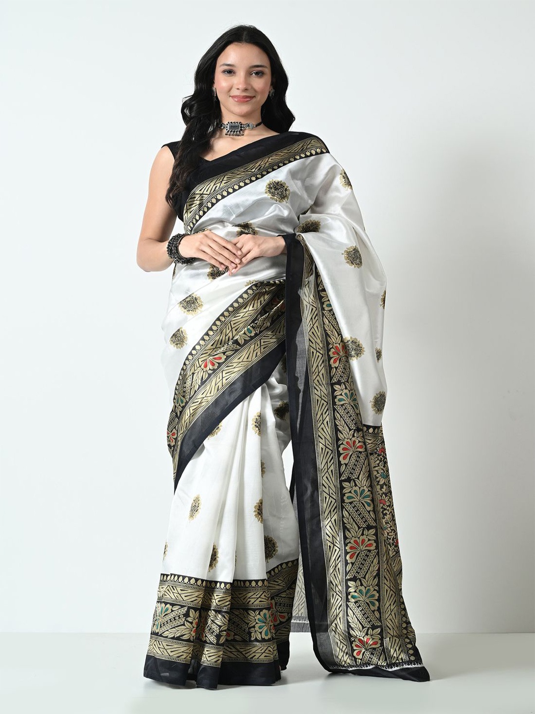 

CLAFOUTIS Ethnic Motifs Woven Design Zari Bhagalpuri Saree, White