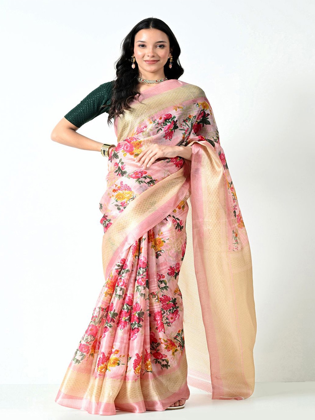 

CLAFOUTIS Floral Zari Woven Bhagalpuri Saree, Pink
