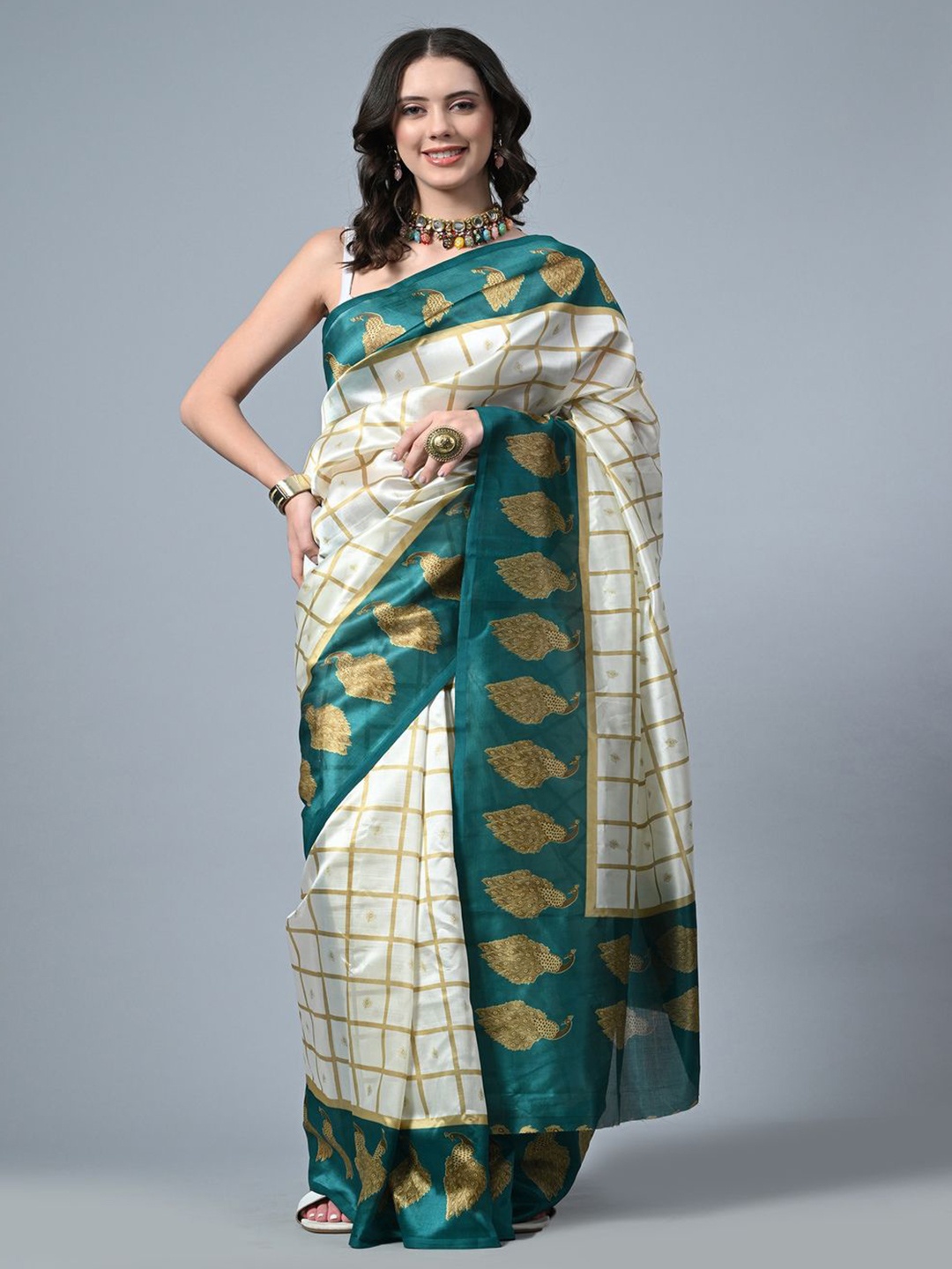 

CLAFOUTIS Checked Bhagalpuri Saree With Blouse Piece, Turquoise blue