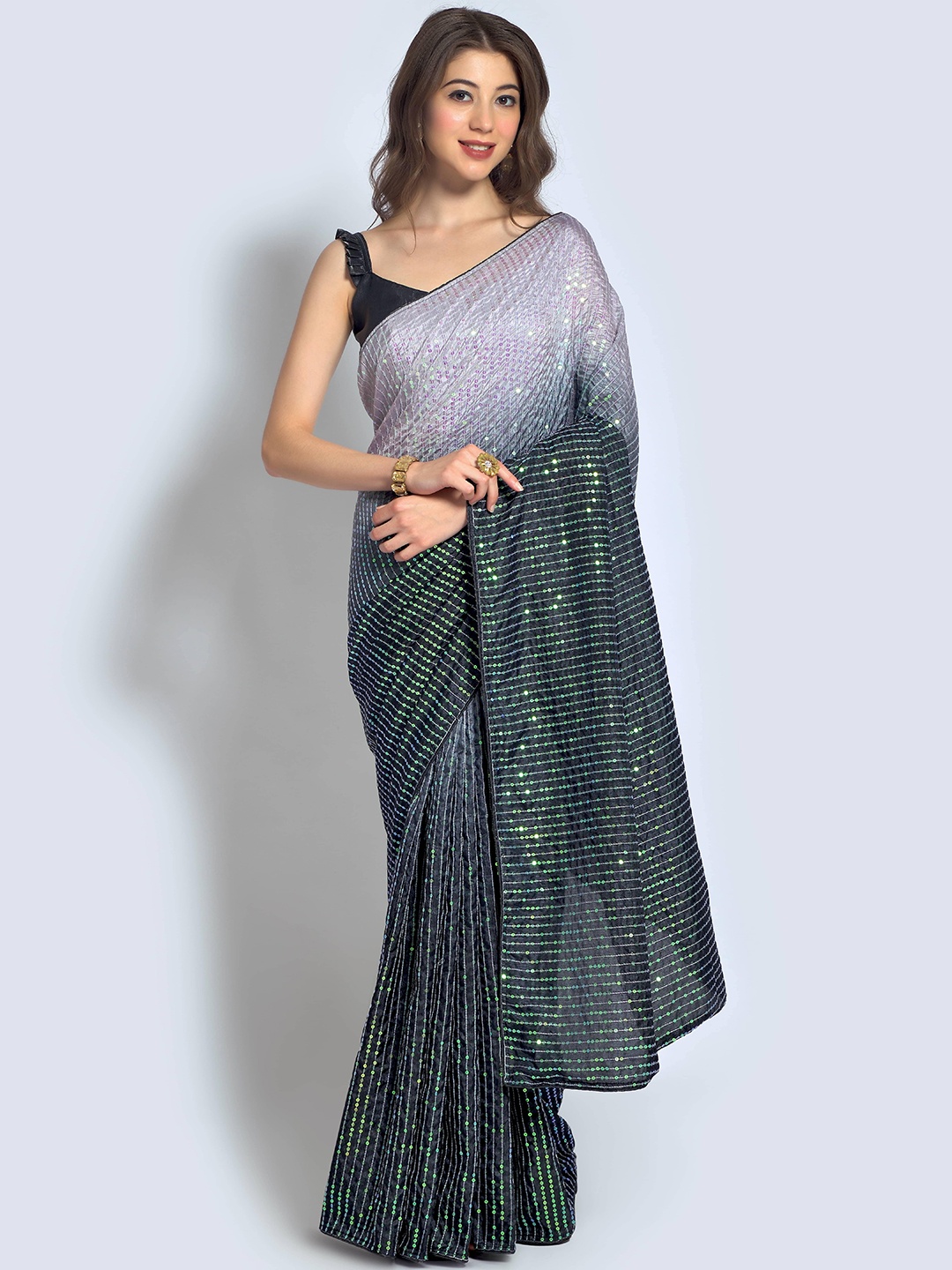 

Manu Designer Striped Sequinned Half and Half Saree, Black
