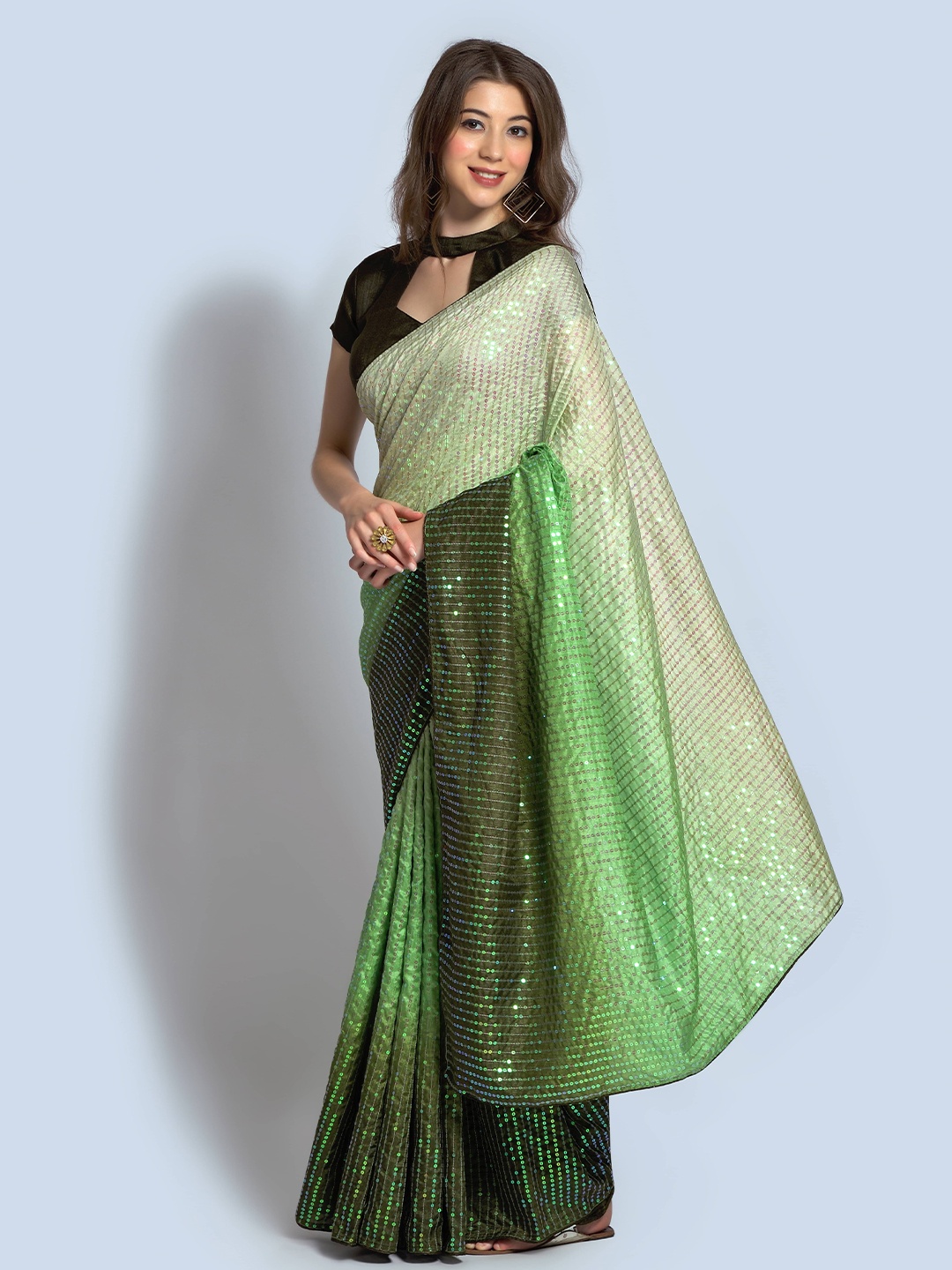 

Manu Designer Sequinned Embellished Ombre Saree, Green