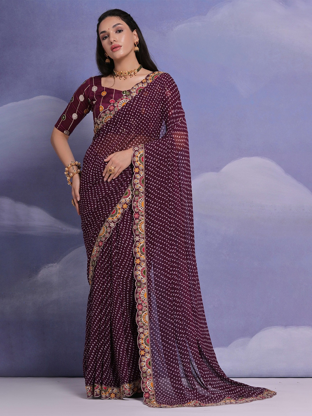

Manu Designer Embroidered Sequinned Pure Georgette Bandhni Saree, Magenta