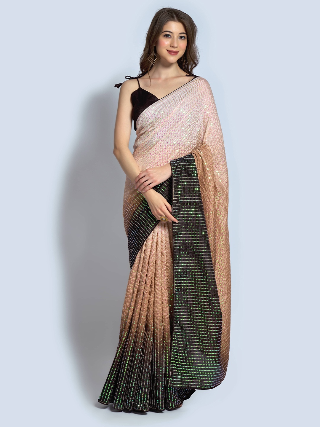 

Manu Designer Striped Sequinned Saree, Brown