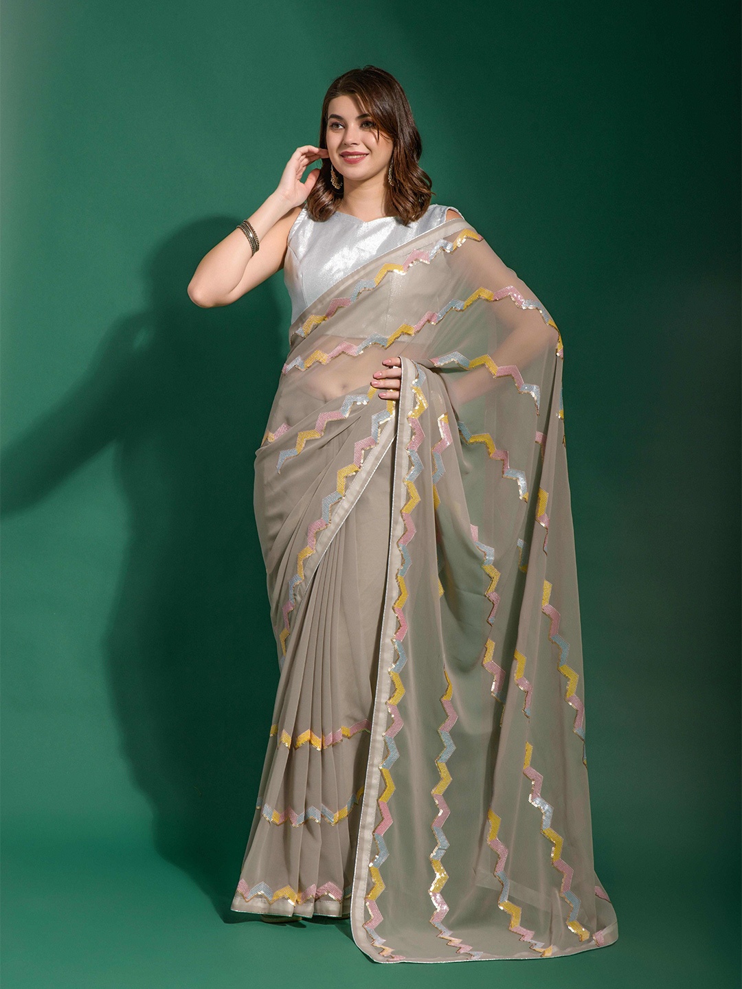 

Manu Designer Sequinned Pure Georgette Heavy Work Saree, Grey