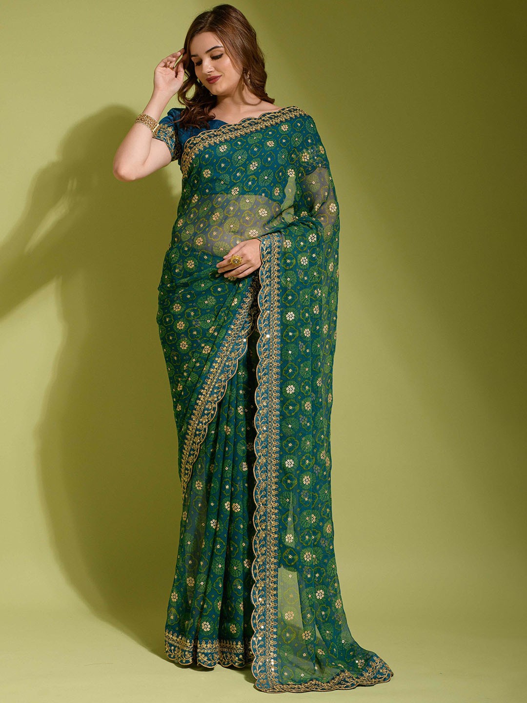 

Manu Designer Bandhani Printed Embroidered Saree, Green