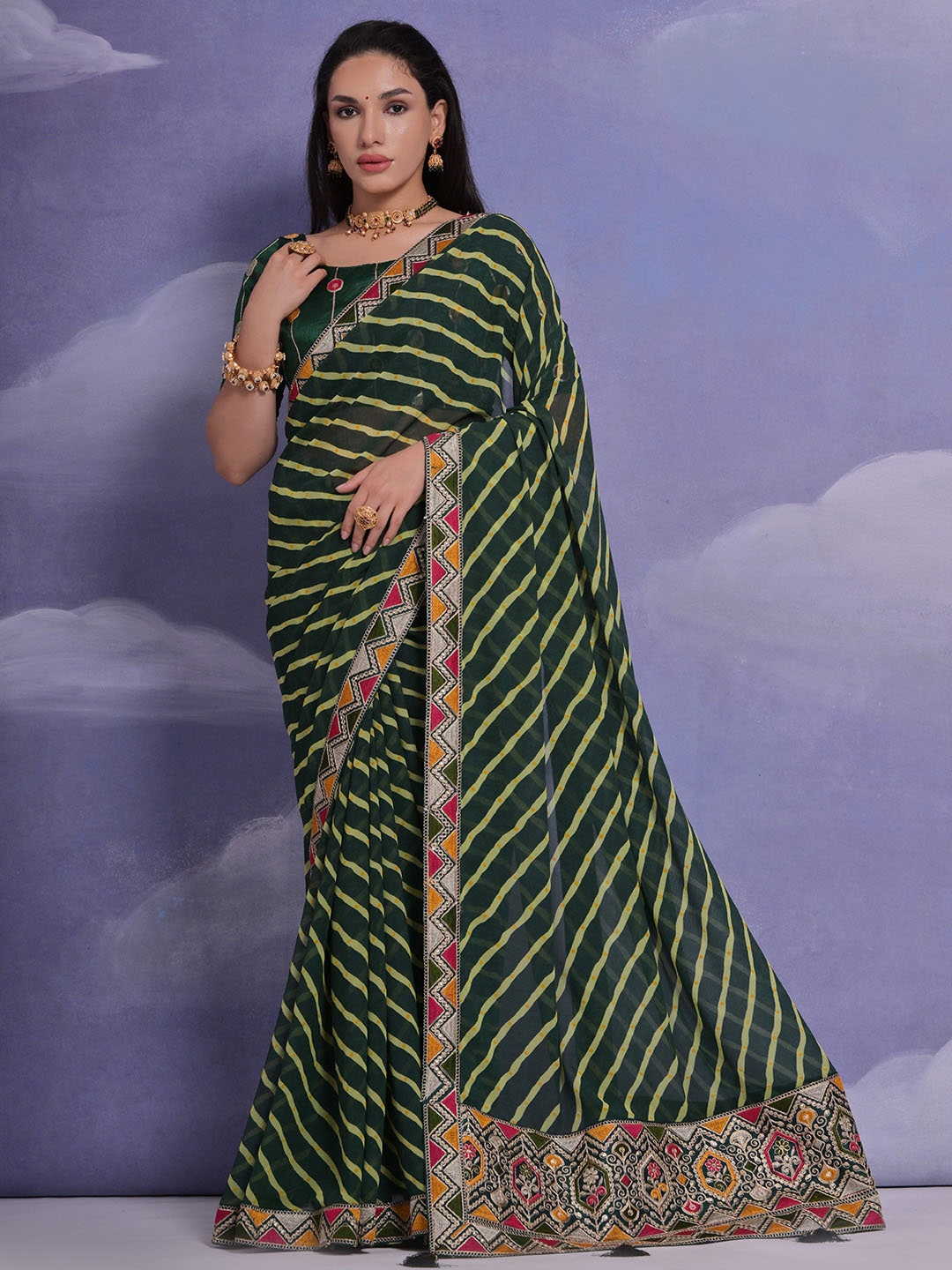 

Manu Designer Leheriya Sequinned Embroidered Pure Georgette Saree, Green
