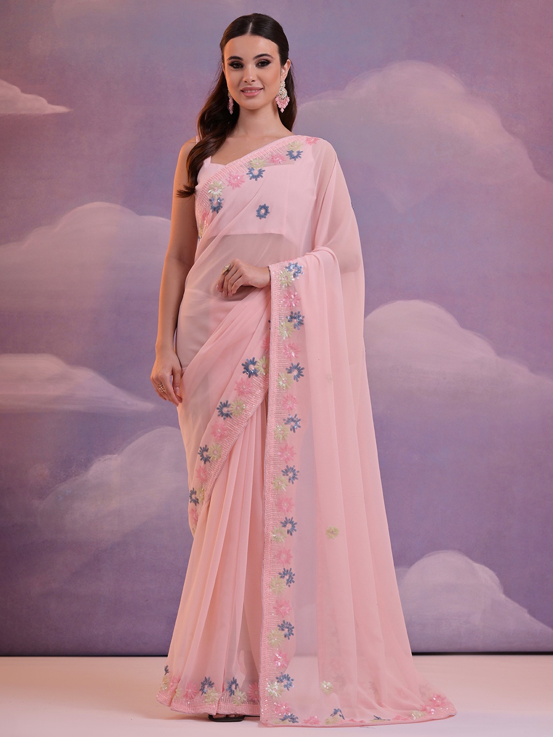 

Manu Designer Ethnic Motif Sequinned Pure Georgette Saree, Pink