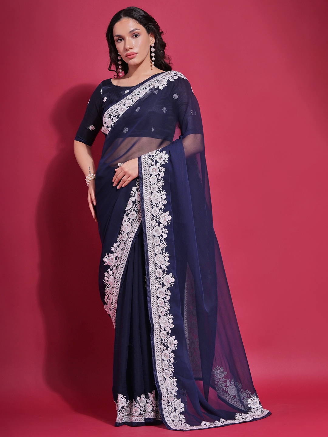 

Manu Designer Ethnic Motifs Embroidered Pure Georgette Saree, Blue