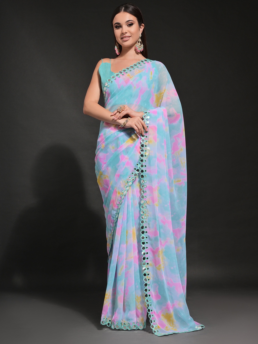 

Manu Designer Tie and Dye Mirror Work Pure Georgette Saree, Blue