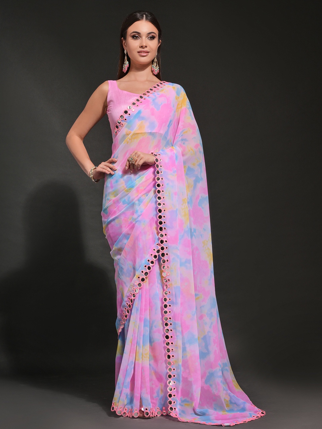 

Manu Designer Tie and Dye Mirror Work Pure Georgette Saree, Pink