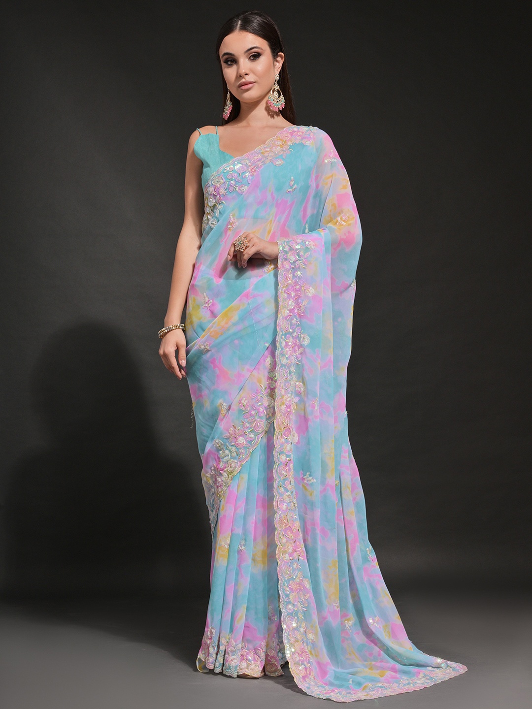 

Manu Designer Sequinned Embroidered Pure Georgette Saree, Blue
